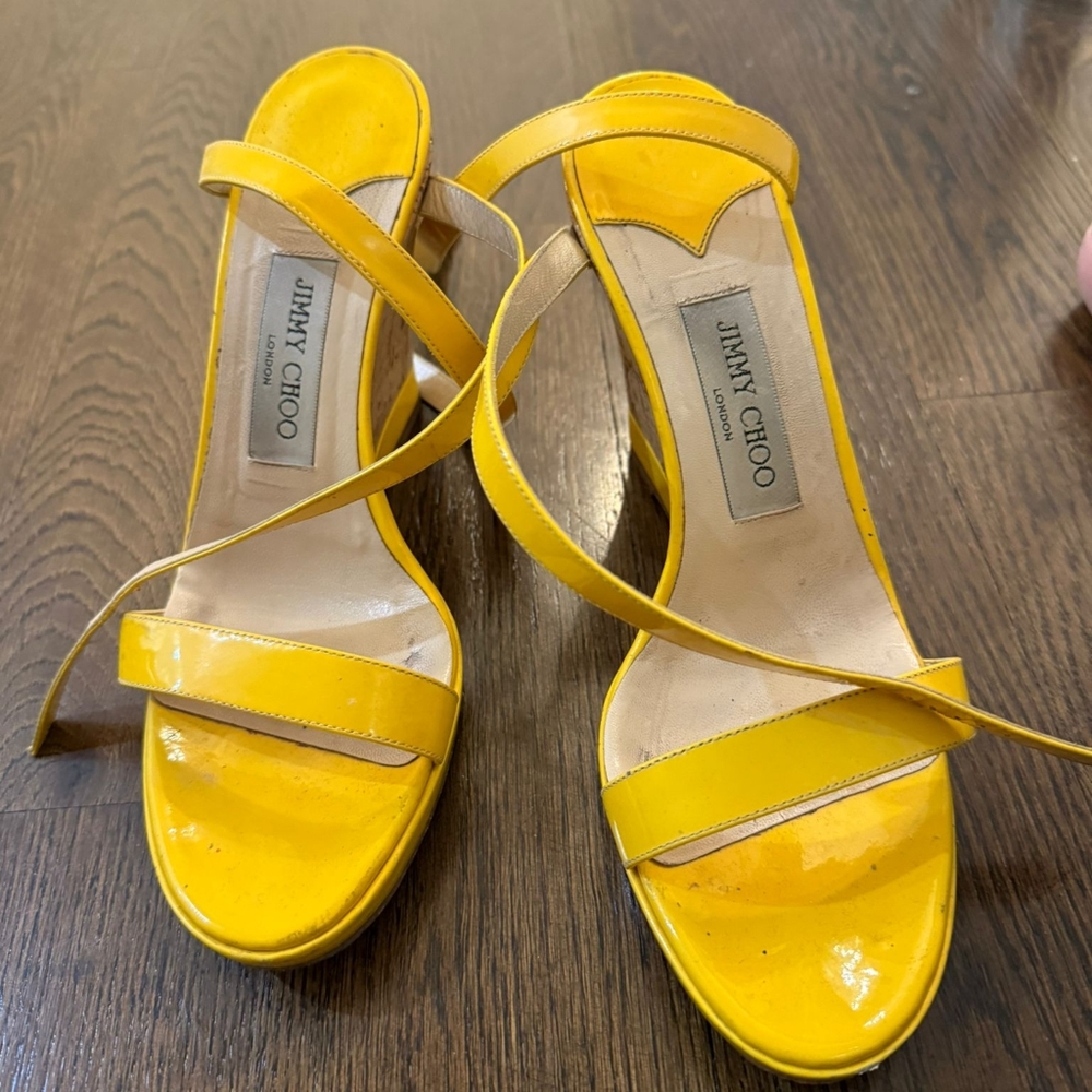 Jimmy Choo Yellow Patent Wedge Slides Sandals Sho… - image 5